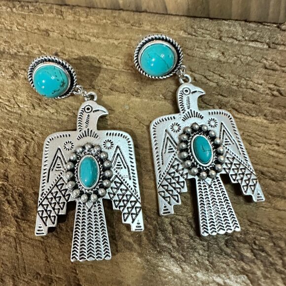 Silver Elegant Jewelry - Thunderbird Turquoise 2.5 Inch Long Post Earrings in Antique Silver Finish